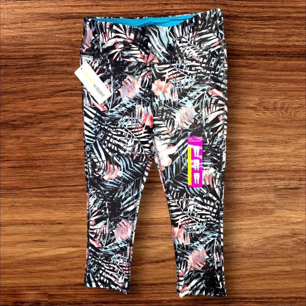 Marika Sport Leggings Women M Cropped Black Pink Tropical Yoga Activewear